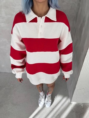 Mbb E-Ticaret Kadın 3 Iplik Pamuklu Parçalı Yakalı Sweatshirt - Kırmızı