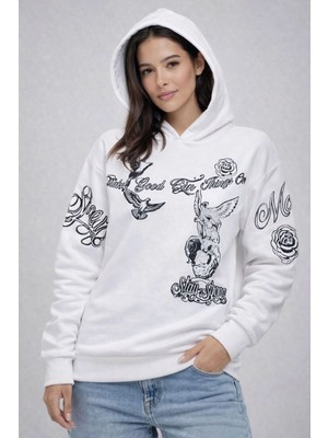 Mbb E-Ticaret Kadın 3 Iplik Pamuklu Kapüşonlu Baskılı Sweatshirt Hoodie - Beyaz
