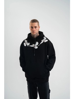 Mbb E-Ticaret Erkek 3 Iplik Pamuklu Kapüşonlu Baskılı Cepli Oversize Sweatshirt Hoodie - Siyah