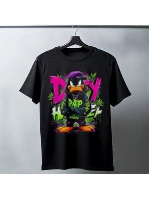 Mbb E-Ticaret Daffy Duck Graffiti Baskılı Unisex Siyah Tişört - 24/1 Penye Pamuklu