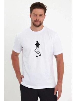 Mbb E-Ticaret Erkek T-Shirt Nihilist Penguen Baskılı Bisiklet Yaka Kısa Kol Yazlık Tişört - Beyaz