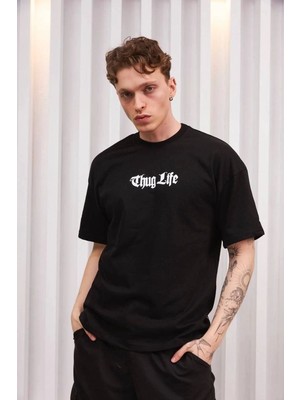 Mbb E-Ticaret Erkek Bisiklet Yaka Baskılı  Kısa Kol Oversize T-Shirt - Siyah