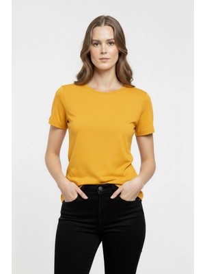 Mbb E-Ticaret Kadın T-Shirt Bisiklet Yaka Slim Fit Likralı Tişört Yazlık Basic Body - Sarı