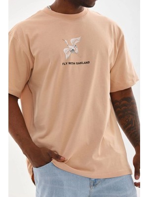 Mbb E-Ticaret Erkek Baskılı T-Shirt Kısa Kol Bisiklet Yaka Rahat Kalıp Tişört - Bej