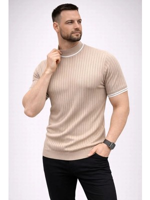 Mbb E-Ticaret Erkek Fitilli Triko Dokuma Kısa Kol Tişört Yarım Boğaz Modern Yazlık T-Shirt - Bej