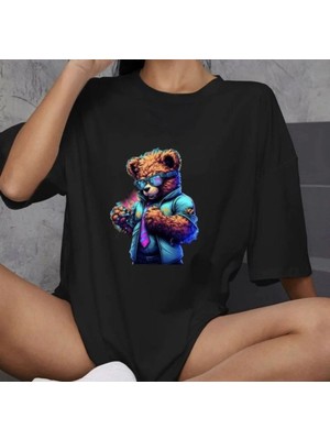 Mbb E-Ticaret Kadın Baskılı T-Shirt Kısa Kol Bisiklet Yaka Oversize Rahat Kalıp Günlük Tişört   - Siyah