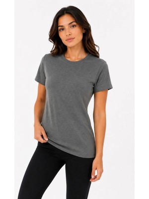 Mbb E-Ticaret Kadın Basic Tişört Bisiklet Yaka Kısa Kol Günlük Yazlık Slim Fit T-Shirt - Antrasit