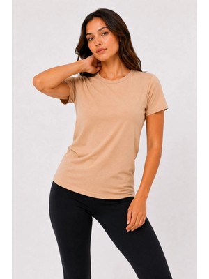 Mbb E-Ticaret Kadın Basic Tişört Bisiklet Yaka Kısa Kol Günlük Yazlık Slim Fit T-Shirt - Bej