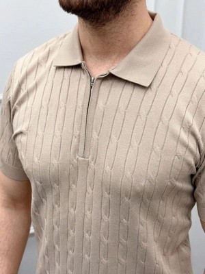 Mbb E-Ticaret Erkek Yazlık Triko Saç Örgü Tişört Kısa Kol Polo Yaka Fermuarlı T-Shirt - Bej