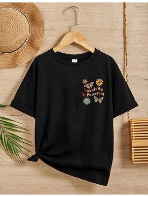 Mbb E-Ticaret Kız Çocuk Bisiklet Yaka Baskılı T-Shirt - Siyah
