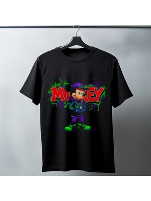 Mbb E-Ticaret Mickey Mouse Graffiti Baskılı Unisex Siyah Oversize Tişört - 24/1 Penye