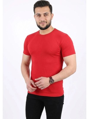 Mbb E-Ticaret Erkek Basic Tişört Bisiklet Yaka Kısa Kol Günlük Yazlık Slim Fit T-Shirt - Kırmızı