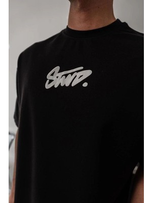 Mbb E-Ticaret Erkek Kısa Kol Yazlık Tişört Bisiklet Yaka Baskılı Oversize T-Shirt - Siyah