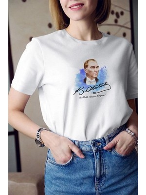 Mbb E-Ticaret Kadın Kısa Kol Yazlık Tişört Bisiklet Yaka Atatürk Baskılı T-Shirt - Beyaz