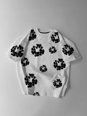 Mbb E-Ticaret Erkek Tişört Ön ve Arka Baskılı Oversize Bisiklet Yaka T-Shirt- Beyaz