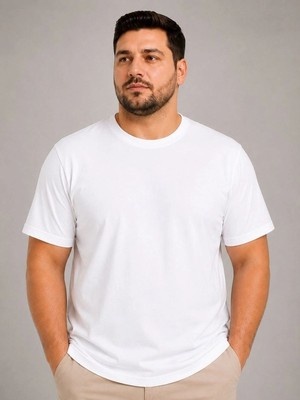 Mbb E-Ticaret Erkek Battal Big Size Basic Tişört Bisiklet Yaka Rahat Kalıp T-Shirt - Beyaz