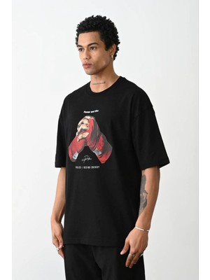 Mbb E-Ticaret Erkek Boxy Eldiven Baskılı T-Shirt Kısa Kol Bisiklet Yaka Tişört - Siyah