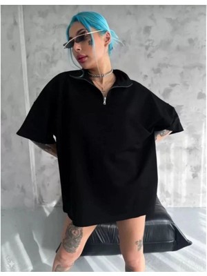 Mbb E-Ticaret Kadın Yarım Fermuarlı Tişört Düz Oversize T-Shirt - Siyah