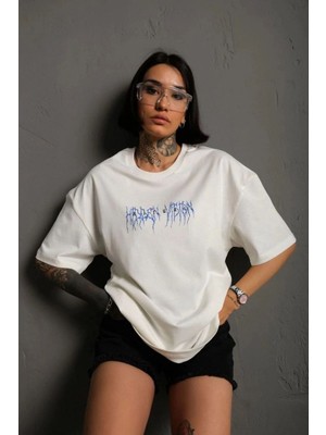 Mbb E-Ticaret Kadın Bisiklet Yaka Baskılı Oversize Kısa Kol  T-Shirt - Beyaz