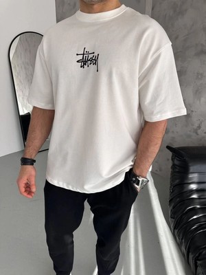 Mbb E-Ticaret Erkek Tişört Bisiklet Yaka Baskılı Oversize Kısa Kol T-Shirt - Beyaz