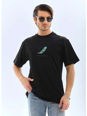 Mbb E-Ticaret Erkek Kısa Kol Yazlık Tişört Bisiklet Yaka Baskılı Oversize T-Shirt - Siyah