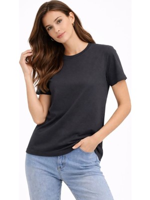 Mbb E-Ticaret Kadın Bisiklet Yaka Yazlık Kısa Kol Düz Tişört Regular Kalıp T-Shirt - Füme