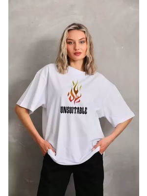 Mbb E-Ticaret Kadın Baskılı T-Shirt Kısa Kol Bisiklet Yaka Oversize Rahat Kalıp Günlük Tişört   - Beyaz