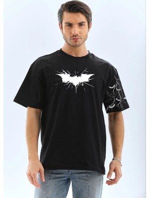 Mbb E-Ticaret Erkek Bisiklet Yaka Tişort Ön ve Kol Yarasa Baskılı T-Shirt - Siyah
