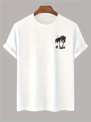 Mbb E-Ticaret Erkek Tişört Palmiye Baskılı Bisiklet Yaka Kısa Kol T-Shirt - Beyaz