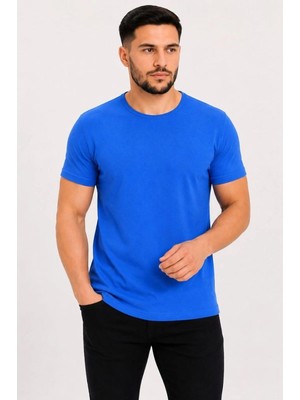 Mbb E-Ticaret Erkek Basic Tişört Bisiklet Yaka Kısa Kol Günlük Yazlık Slim Fit T-Shirt - Saks Mavisi