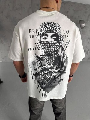 Mbb E-Ticaret Erkek Kısa Kol Tişört Bisiklet Yaka Filistin Poşulu Baskılı T-Shirt - Beyaz
