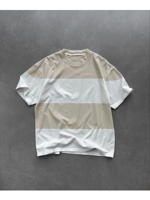 Mbb E-Ticaret Erkek  kısa Kol  Bisiklet Yaka Parçalı T-Shirt - Bej