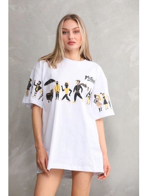 Mbb E-Ticaret Kadın Bisiklet Yaka Baskılı Oversize T-Shirt - Beyaz