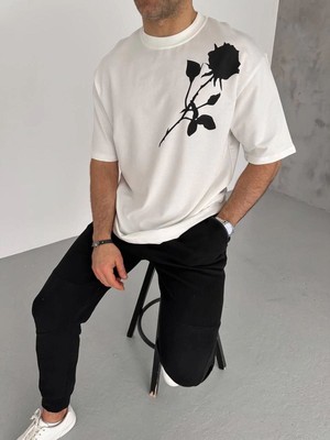 Mbb E-Ticaret Erkek Kısa Kol Tişört Bisiklet Yaka Gül Baskılı Oversize T-Shirt - Beyaz