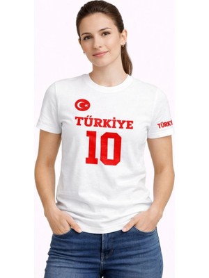Mbb E-Ticaret Kadın Türkiye Ay Yıldız Baskılı 10 Numara Forma Tişört Taraftar T-Shirt - Beyaz