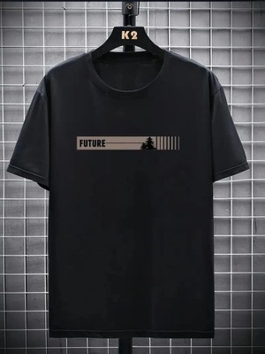 Mbb E-Ticaret Erkek Tişört Futre Baskılı Kısa Kol Bisiklet Yaka T-Shirt - Siyah