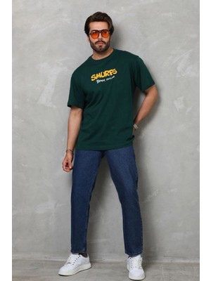 Mbb E-Ticaret Erkek Kısa Kol Yazlık Tişört Bisiklet Yaka Baskılı Oversize T-Shirt - Yeşil