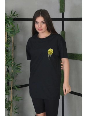 Mbb E-Ticaret Kadın Bisiklet Yaka Baskılı  Kısa Kol Oversize T-Shirt - Siyah