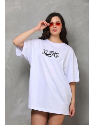 Mbb E-Ticaret Kadın Kısa Kol Yazlık Tişört Bisiklet Yaka Baskılı Oversize T-Shirt - Beyaz