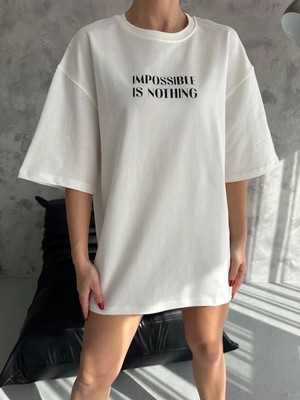 Mbb E-Ticaret Kadın Bisiklet Yaka Baskılı Oversize  Kısa Kol T-Shirt - Beyaz
