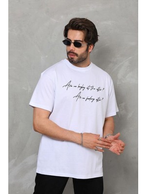 Mbb E-Ticaret Erkek Kısa Kol Yazlık Tişört Bisiklet Yaka Baskılı Oversize T-Shirt - Beyaz