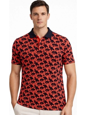 Mbb E-Ticaret Erkek Pike Kumaş Polo Yaka Palmiye Desenli Tişört Kısa Kol Yazlık T-Shirt - Kırmızı