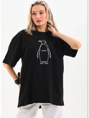 Mbb E-Ticaret Kadın T-Shirt Nihilist Penguen Baskılı Bisiklet Yaka Kısa Kol Yazlık Tişört - Siyah