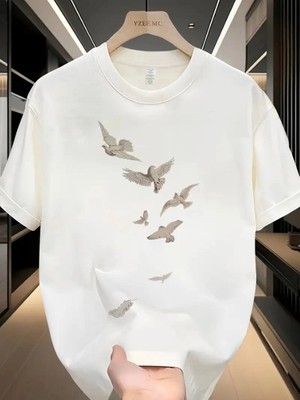 Mbb E-Ticaret Erkek Bisiklet Yaka Tişört Özgür Kuşlar Baskılı Kısa Kol T-Shirt - Beyaz