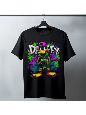 Mbb E-Ticaret Daffy Duck Graffiti Baskılı Unisex Siyah Tişört - 24/1 Penye Pamuklu