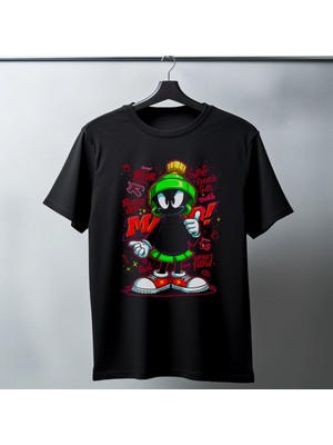 Mbb E-Ticaret Marvin The Martian Graffiti Baskılı Unisex Siyah Tişört - 24/1 Penye Pamuklu