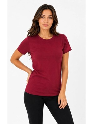 Mbb E-Ticaret Kadın Basic Tişört Bisiklet Yaka Kısa Kol Günlük Yazlık Slim Fit T-Shirt - Bordo