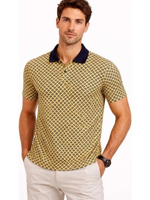 Mbb E-Ticaret Erkek Pike Kumaş Polo Yaka Desenli Tişört Kısa Kol Yazlık T-Shirt - Sarı