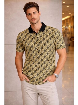 Mbb E-Ticaret Erkek Pike Kumaş Polo Yaka Palmiye Desenli Tişört Kısa Kol Yazlık T-Shirt - Sarı