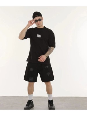 Mbb E-Ticaret Erkek Kısa Kol Yazlık Tişört Bisiklet Yaka Baskılı Oversize T-Shirt - Siyah